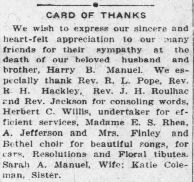 Historical newspaper card of thanks with names, clergy, and funeral details, useful for genealogy research and finding ancestor records