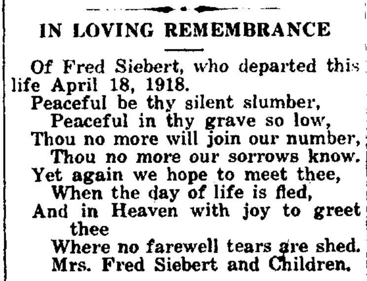 Historical newspaper in memoriam notice with poem and family names, useful for finding ancestor death records and genealogy research