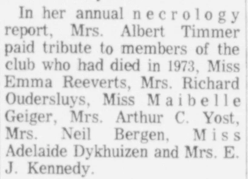 Historical newspaper necrology report listing deceased members, showing how to find ancestor death information beyond obituaries