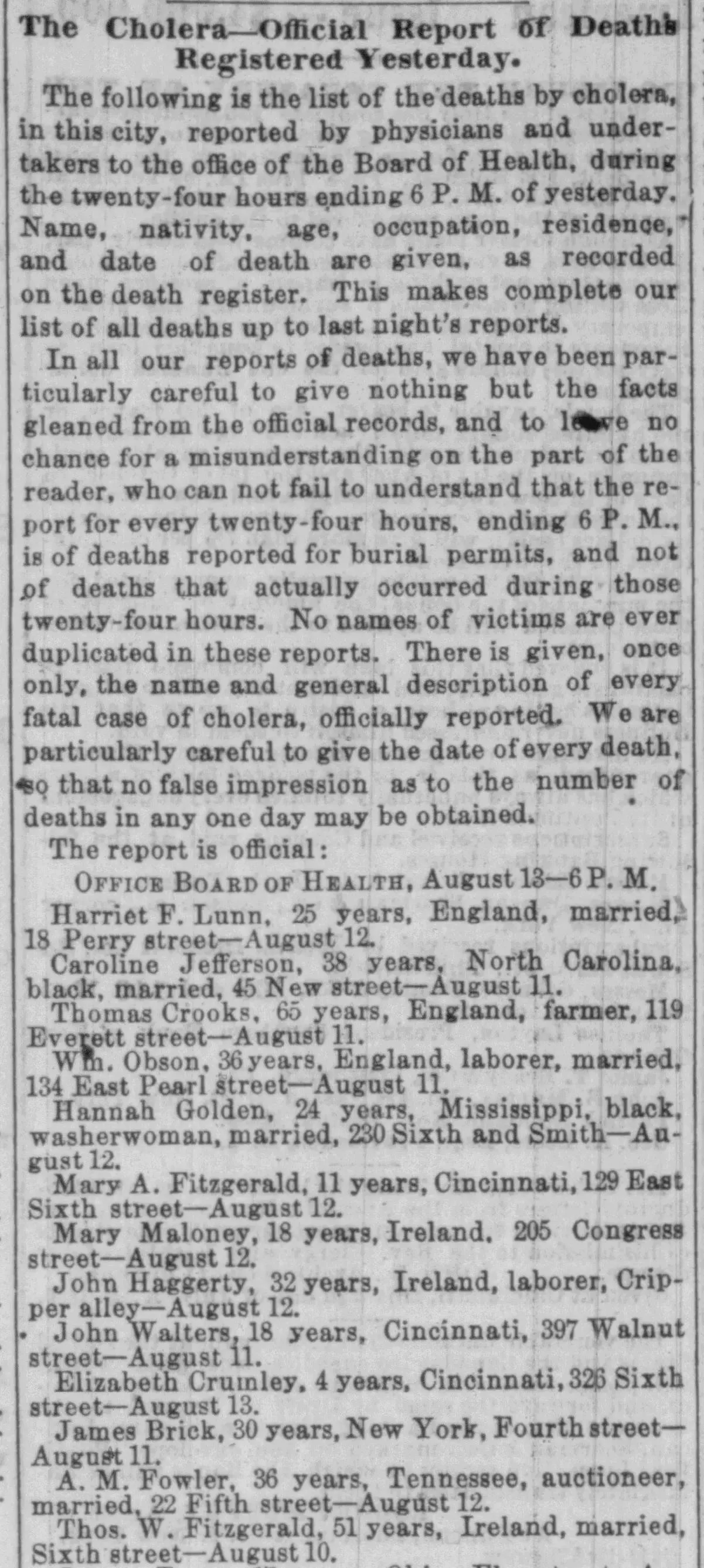 Historical newspaper cholera death report listing names, ages, and details, showing how public records in newspapers help find ancestors