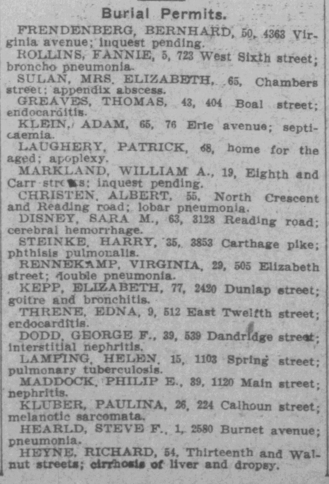 Historical newspaper burial permits listing names, addresses, and causes of death, useful for finding ancestor death records in newspapers