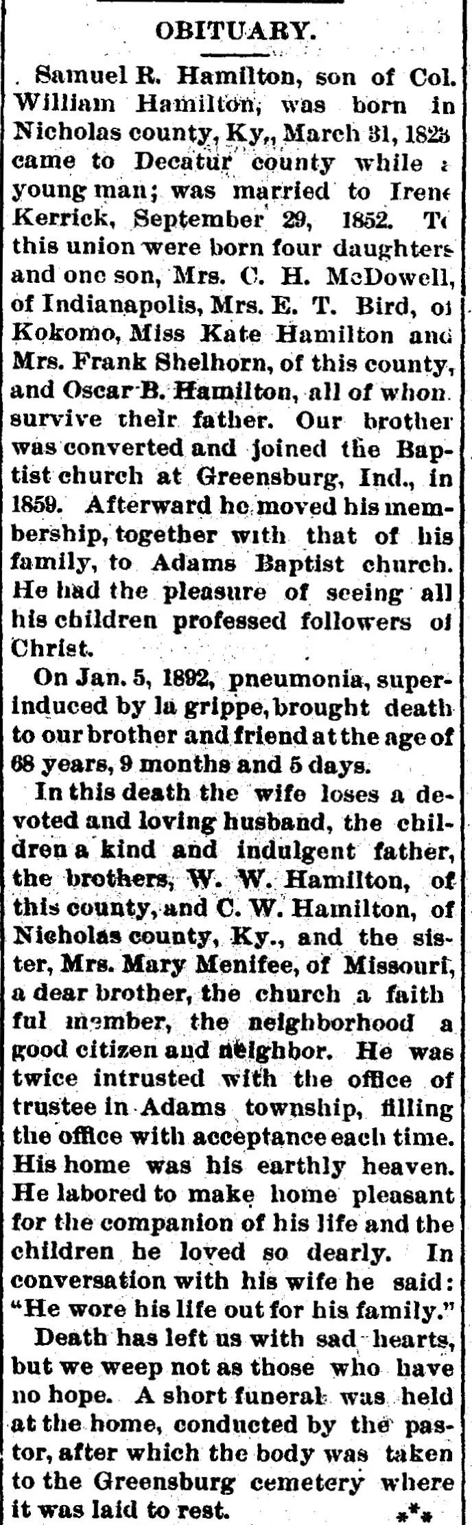 Example of a detailed newspaper obituary with family names, life events, and personal history, useful for genealogy research and finding ancestors