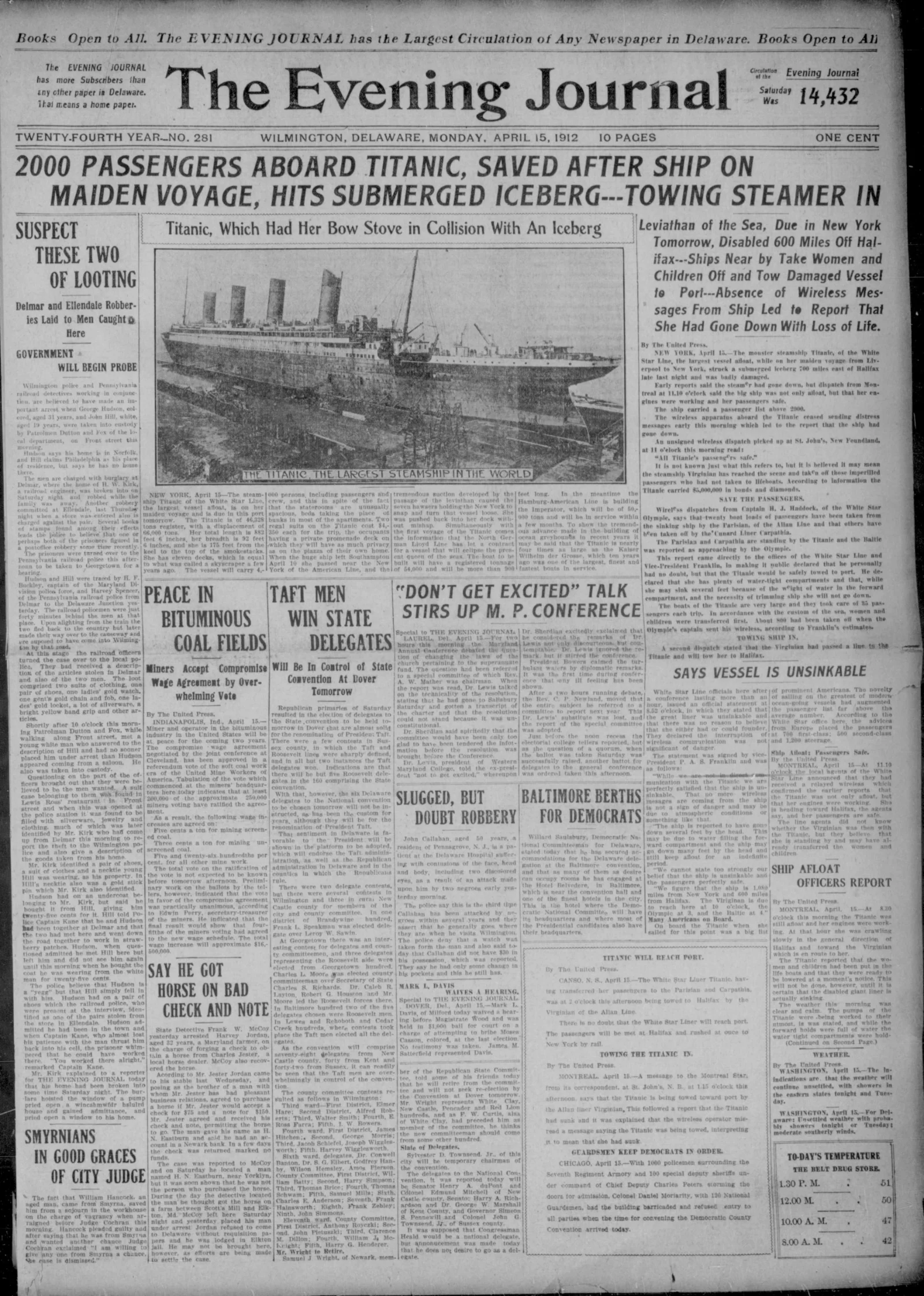 April 15, 1912 Evening Journal headline incorrectly reporting Titanic passengers saved after iceberg collision
