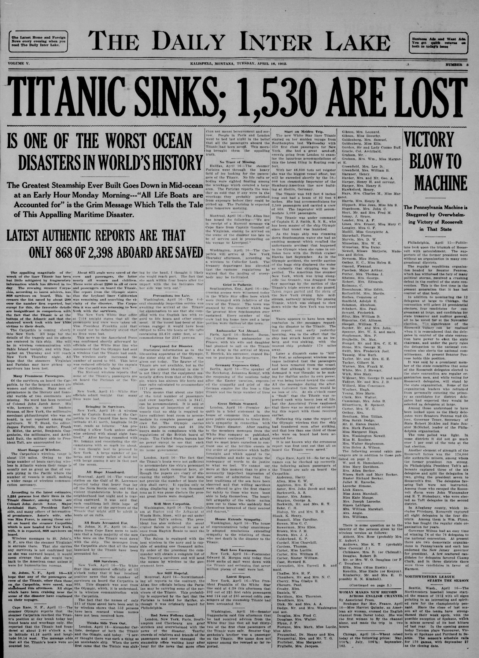 April 16, 1912 Daily Inter Lake headline reporting Titanic sinking with survivor and casualty details
