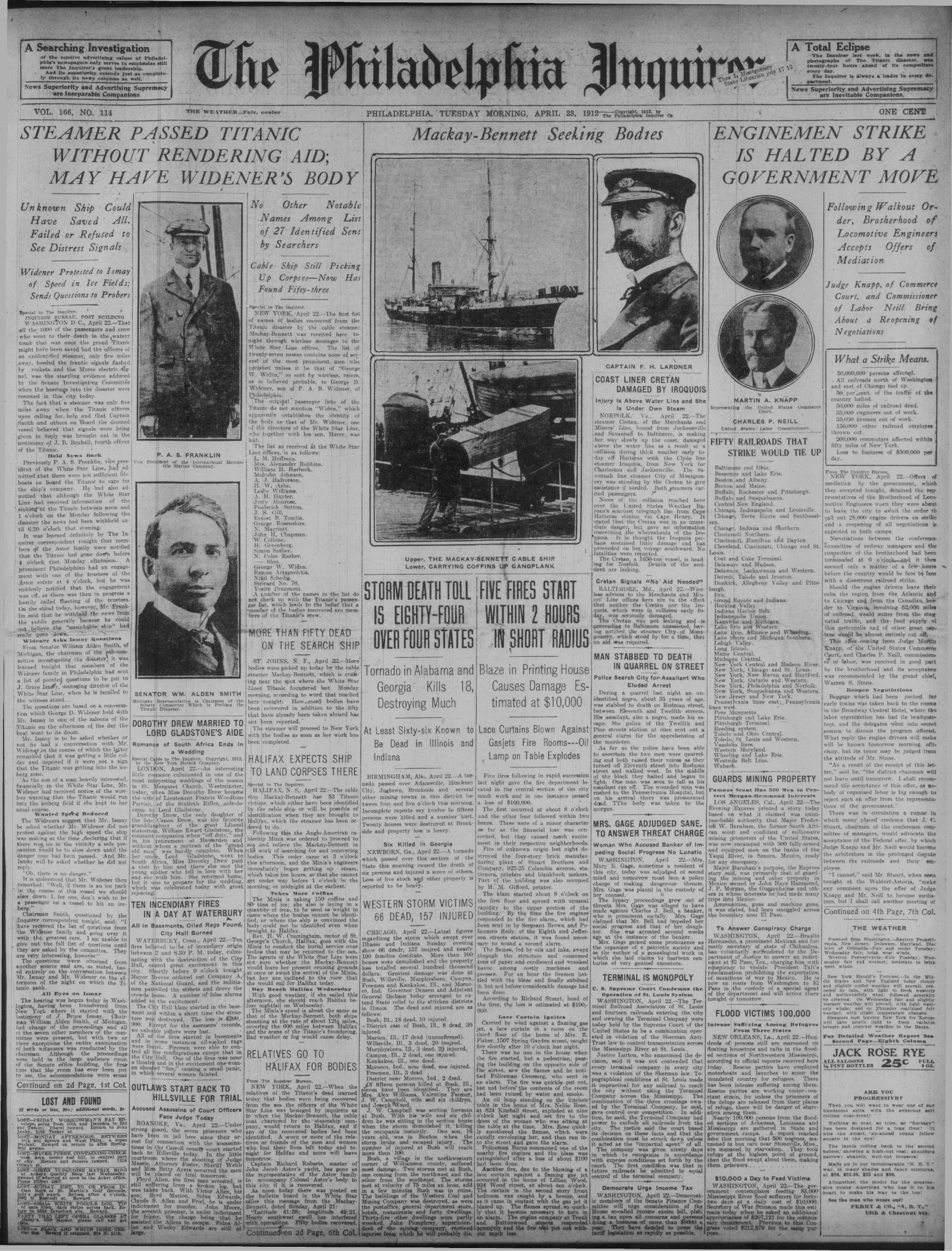 April 23, 1912 Philadelphia Inquirer front page showing the Mackay-Bennett recovery ship searching for Titanic victims
