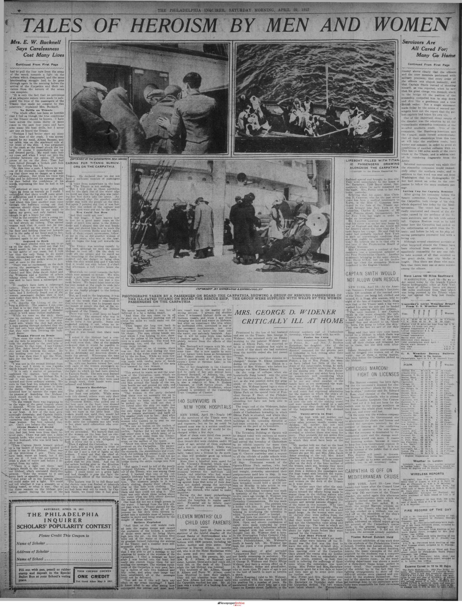 Newspaper page from April 1912 featuring Titanic survivors rescued by the Carpathia with photos and stories