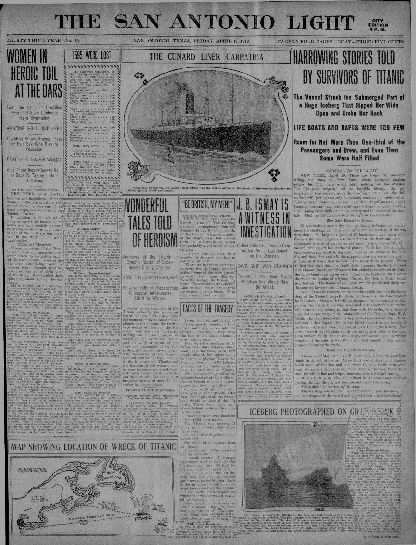 April 19, 1912 San Antonio Light front page featuring Titanic survivor stories, Carpathia illustration, and wreck location map