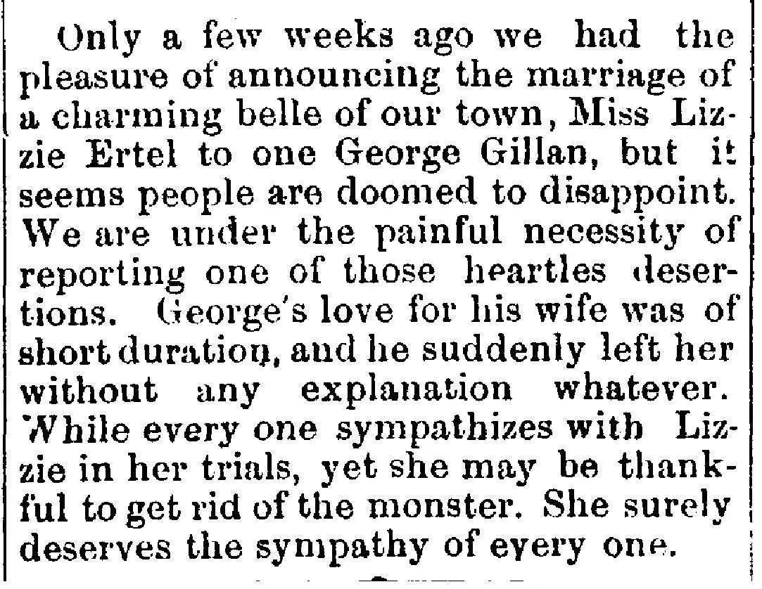 Newspaper clipping about desertion notice and marriage scandal family history