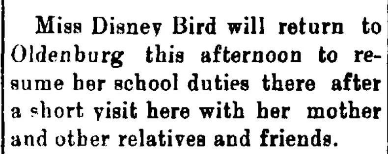 1899 newspaper social column mention of Miss Disney Bird visiting family before returning to school in Oldenburg