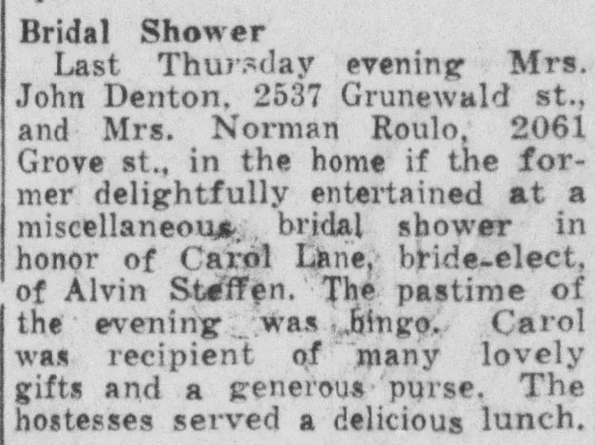 historic newspaper bridal shower article featuring bride-to-be, event details, and social gathering information
