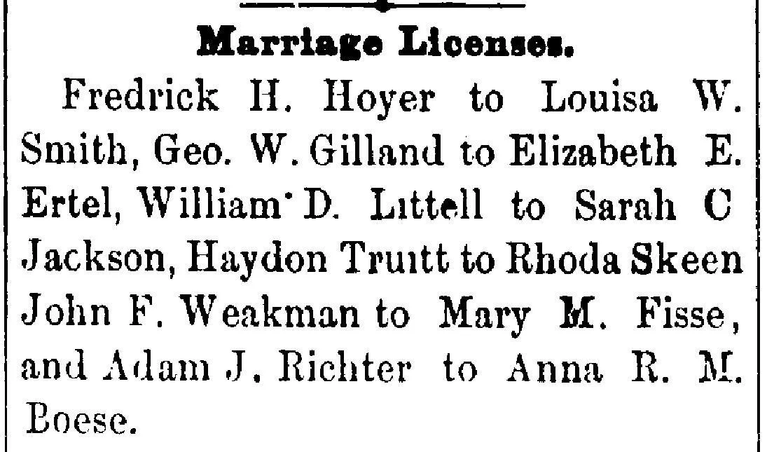 historic newspaper marriage license list showing multiple couples’ names and marriage records from 1883
