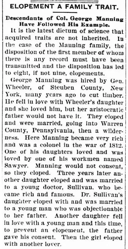 historic newspaper story about elopements in one family, detailing marriages, relationships, and social dynamics