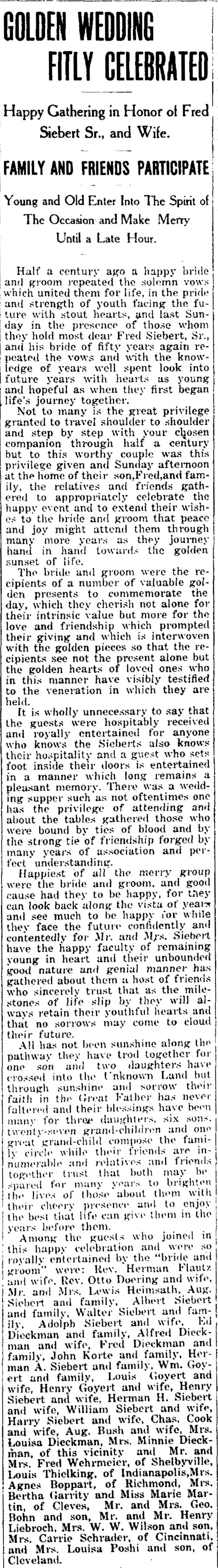 1918 newspaper article titled “Golden Wedding Fitly Celebrated” describing a couple’s 50th anniversary celebration