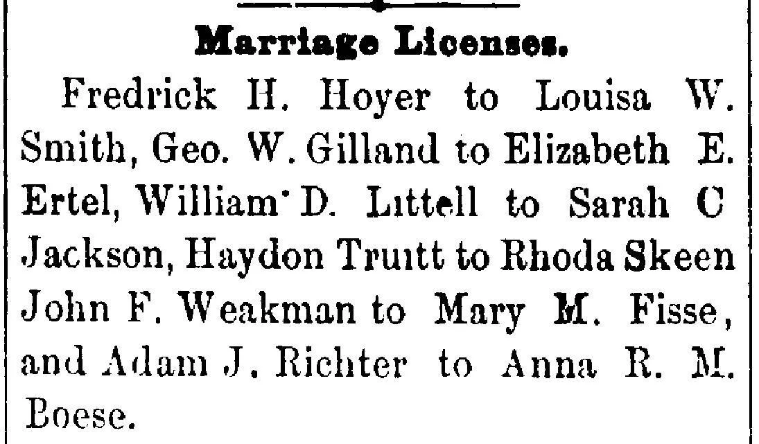 Old newspaper marriage license announcement showing abbreviated first names and name variations in genealogy research