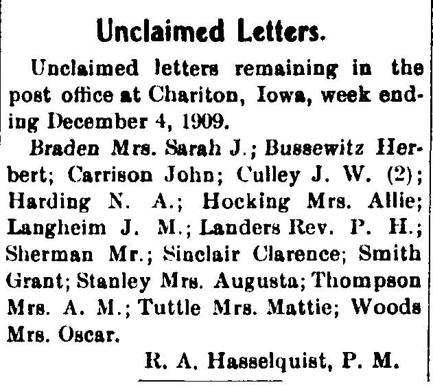 Historic newspaper clipping of unclaimed letters list showing inverted names and initials, useful for genealogy name variation searches
