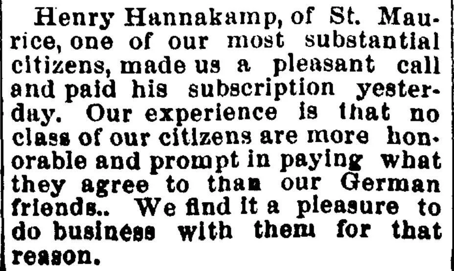 Historic newspaper clipping mentioning Henry Hannakamp of St. Maurice, demonstrating “of place” naming patterns in genealogy research