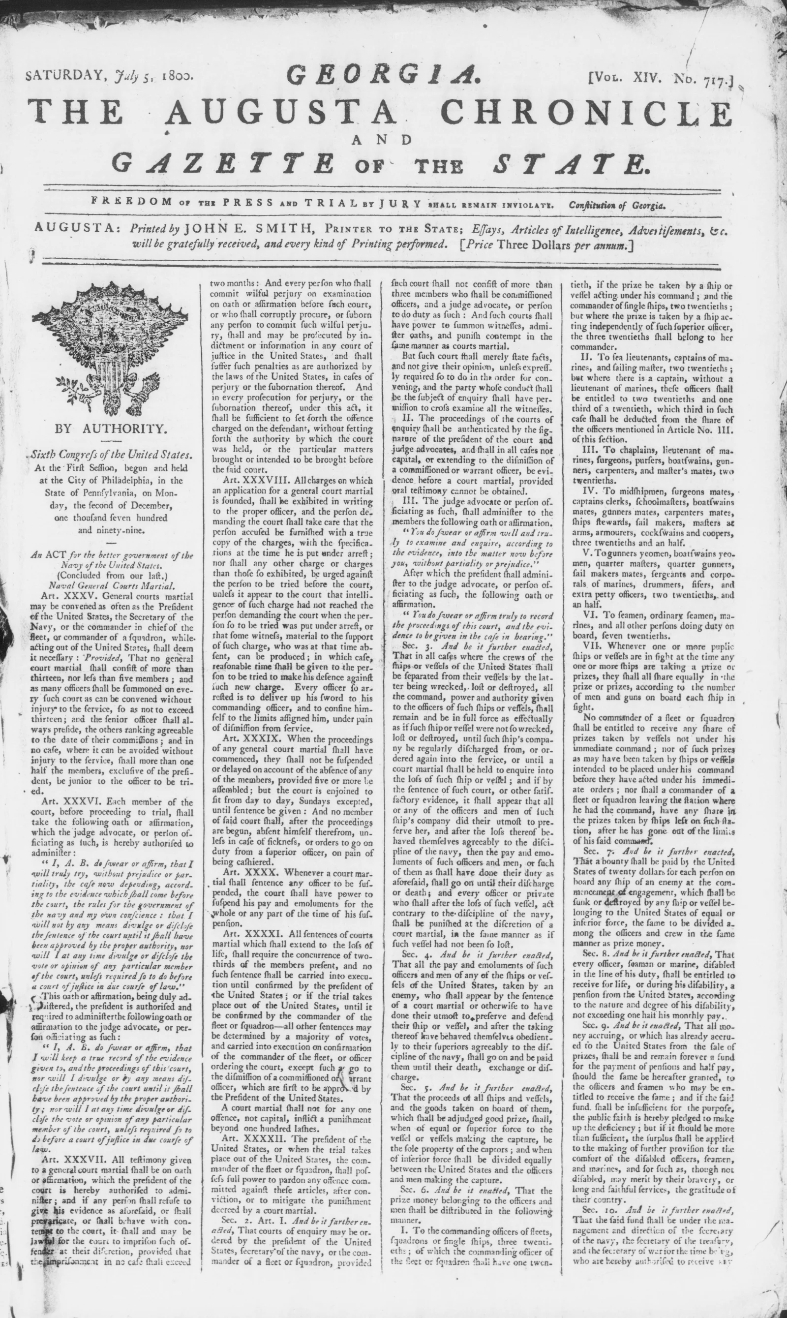 Front page of The Augusta Chronicle and Gazette of the State, dated July 5, 1800, featuring dense text layout, government notices, and early American newspaper formatting with minimal headlines or imagery.