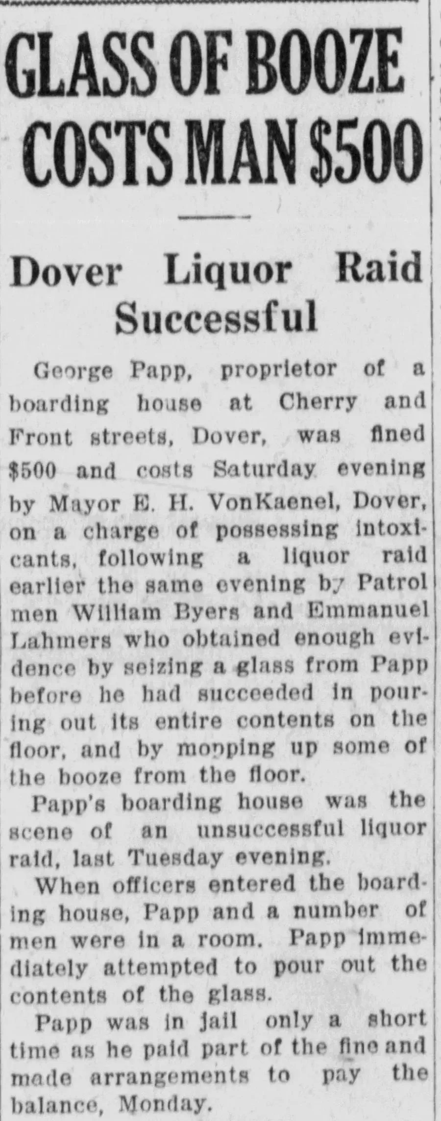 1920s newspaper clipping with bold headline “Glass of Booze Costs Man $500,” reporting on a Dover liquor raid and fine during Prohibition, illustrating enforcement of alcohol laws in the Roaring Twenties.
