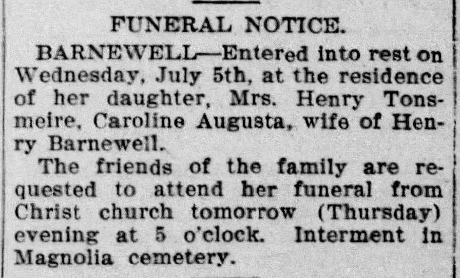 1905 newspaper funeral notice for Caroline Augusta Barnewell, listing date of death, family details, and funeral service information, illustrating a typical early 20th-century obituary-style notice.