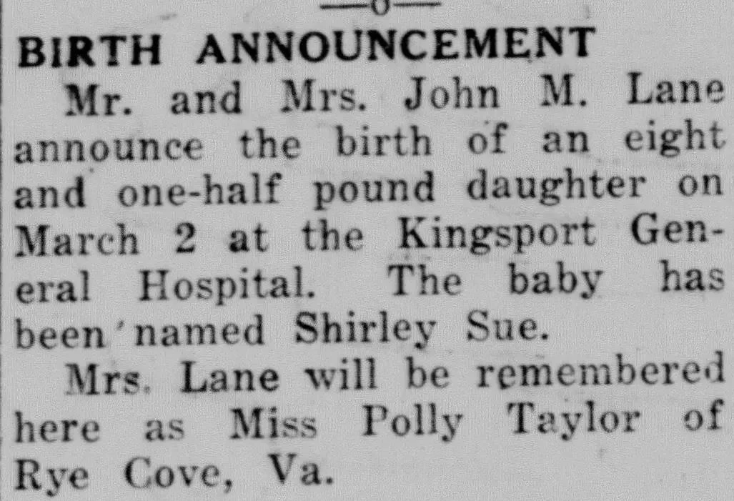 Vintage newspaper birth announcement for Shirley Sue Lane, listing parents John M. Lane and Polly Taylor, Kingsport General Hospital, March 2.