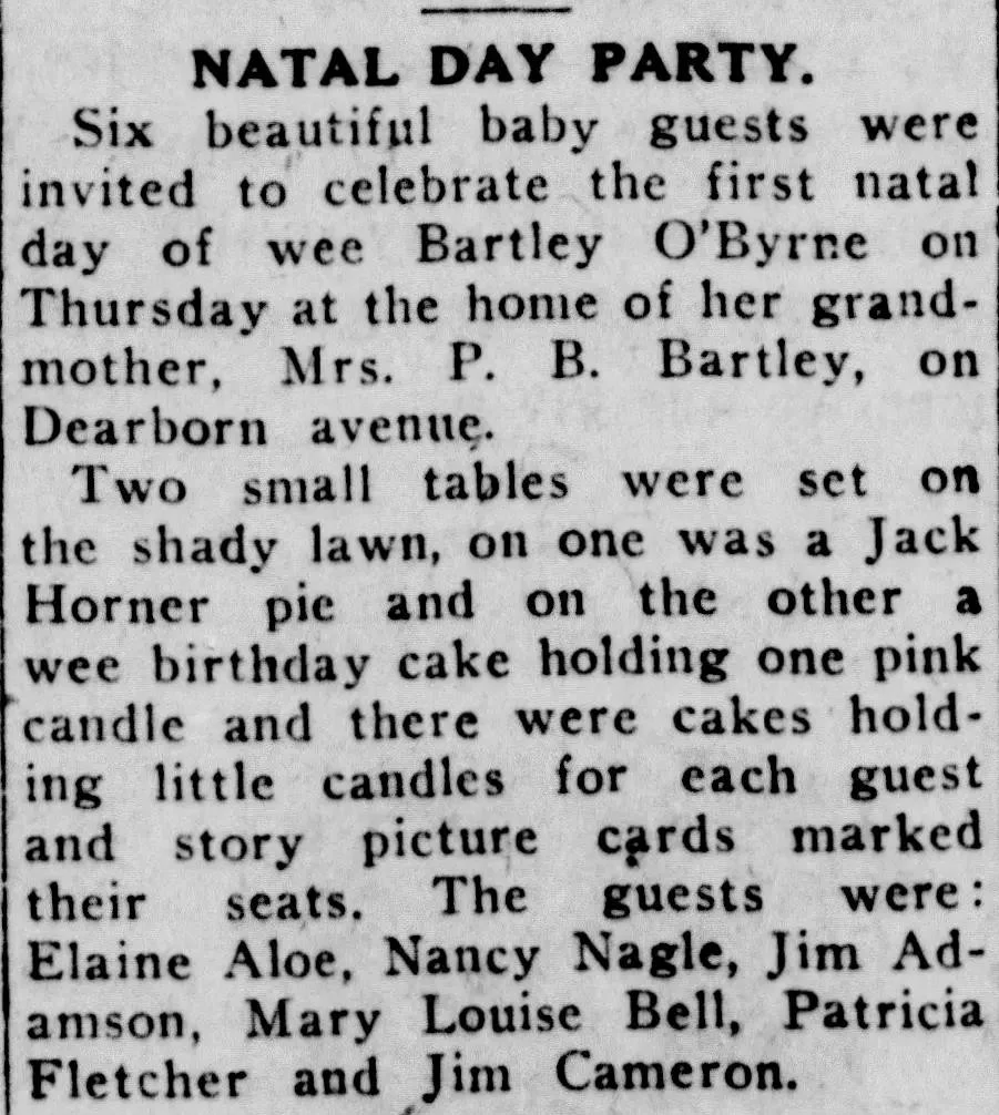 Vintage newspaper clipping describing a baby’s “Natal Day Party” for Bartley O’Byrne, listing guests, family members, and a small social gathering at a home.
