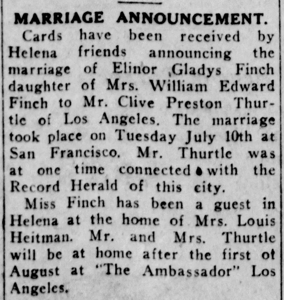 Vintage newspaper marriage announcement for Elinor Gladys Finch and Clive Preston Thurtle, including family details, wedding date in San Francisco, and ties to Helena, Montana.