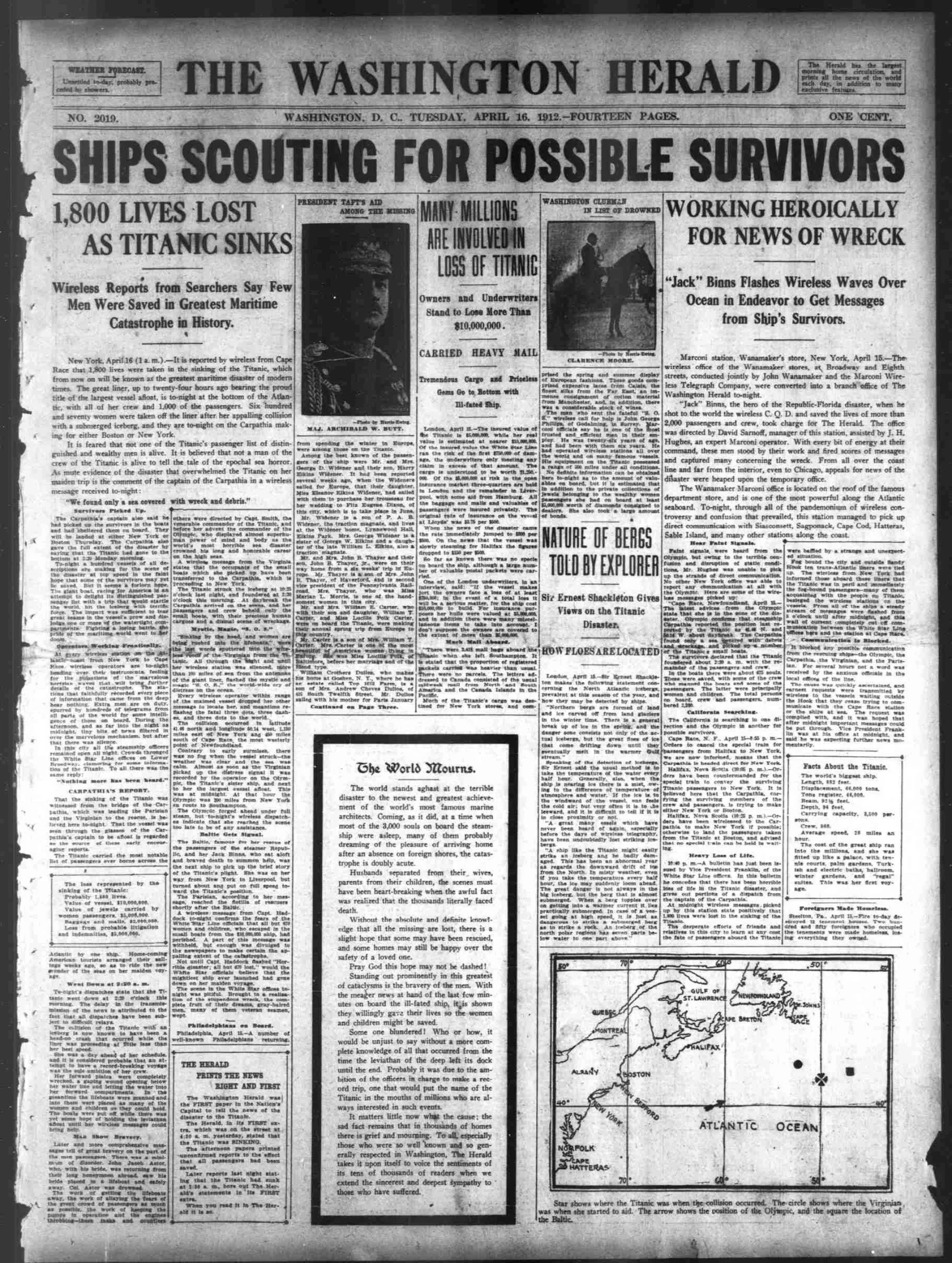 Historic 1912 newspaper front page reporting the Titanic disaster with headlines and early coverage