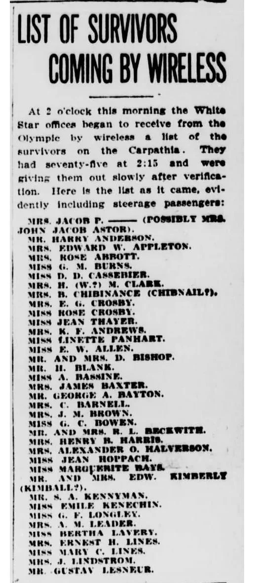 1912 newspaper list of Titanic survivors received by wireless and printed in early reports