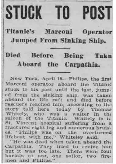 1912 newspaper page listing Titanic survivors and passenger names published days after the disaster