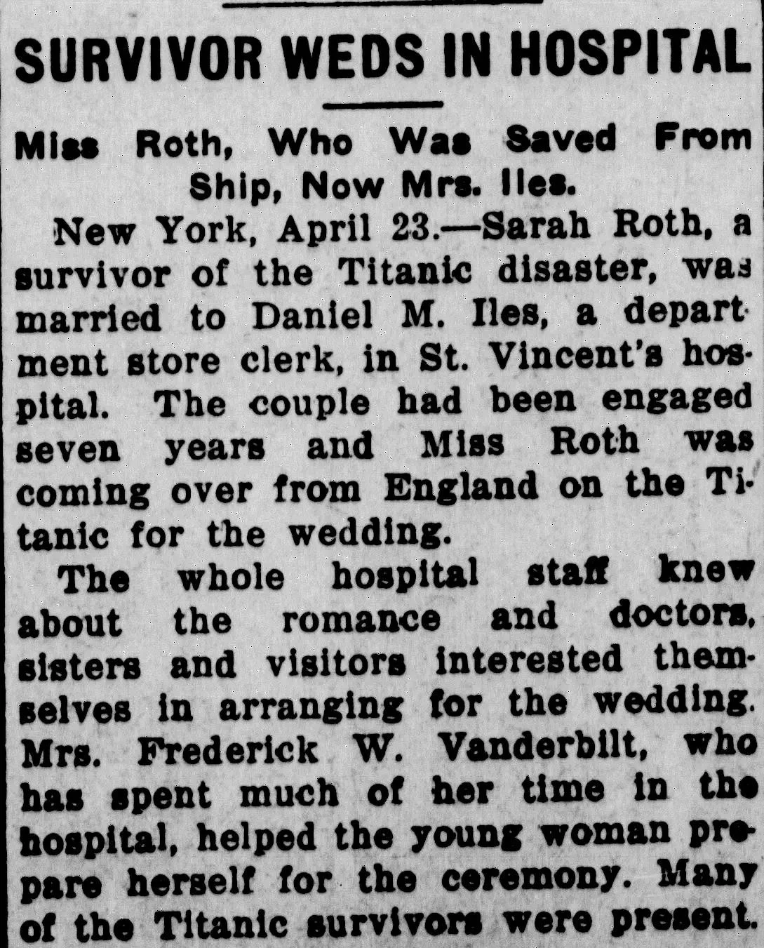 1912 newspaper article about Titanic survivor Sarah Roth marrying in a hospital after rescue