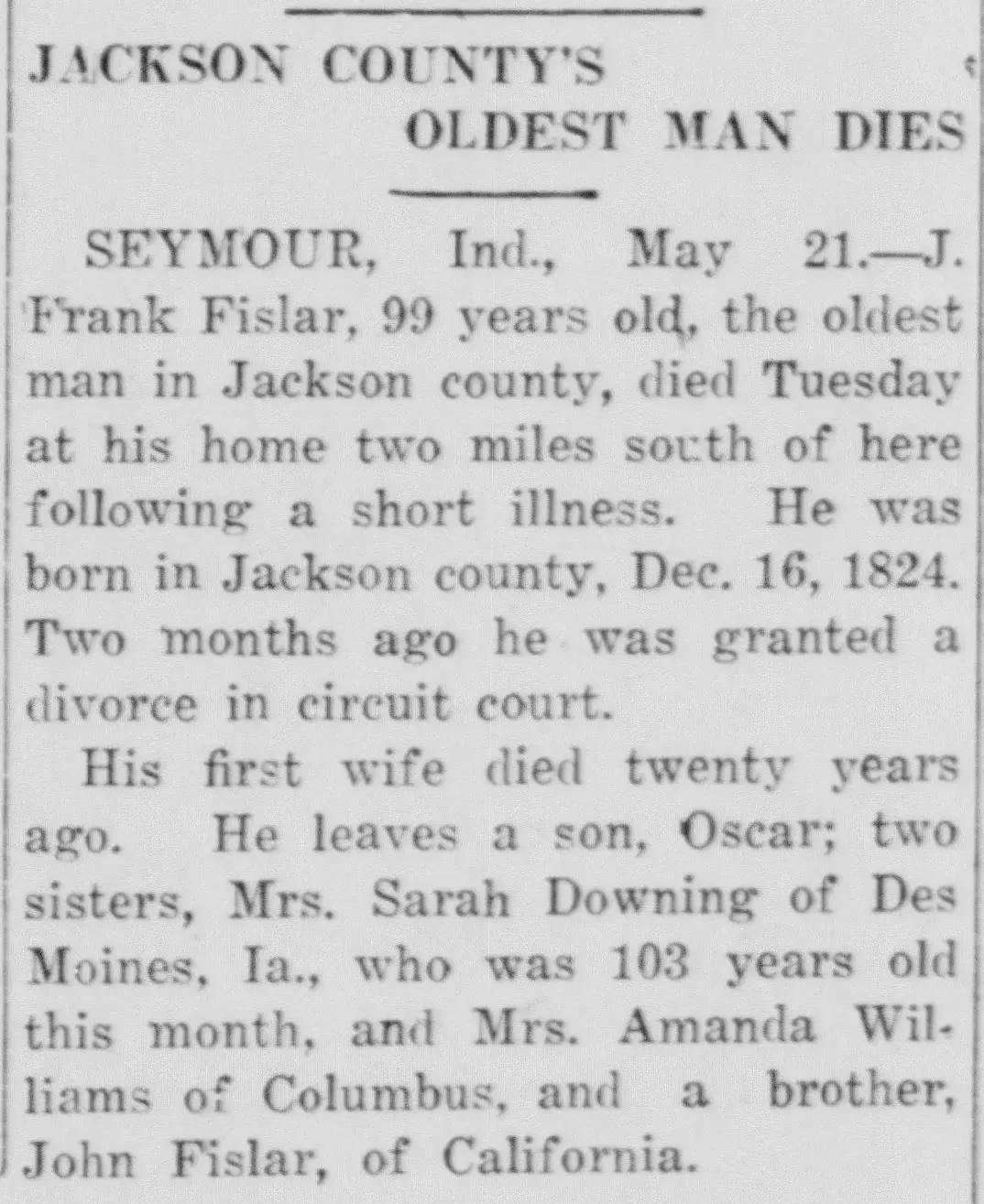 1924 newspaper obituary clipping for J. Frank Fislar, Jackson County Indiana's oldest man, detailing family members and life events