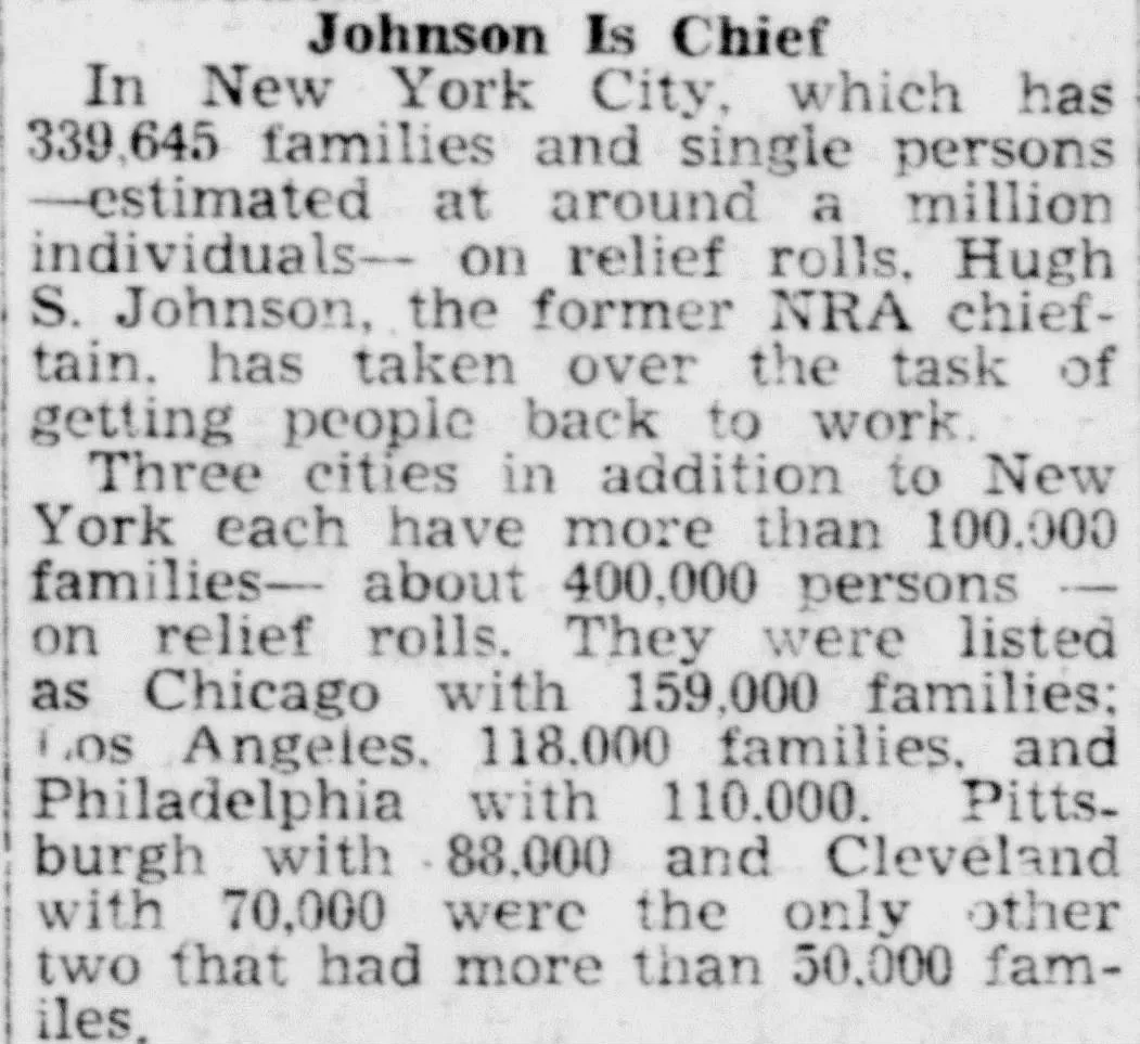 1935 newspaper article reporting millions of people on relief rolls during the Great Depression in major U.S. cities