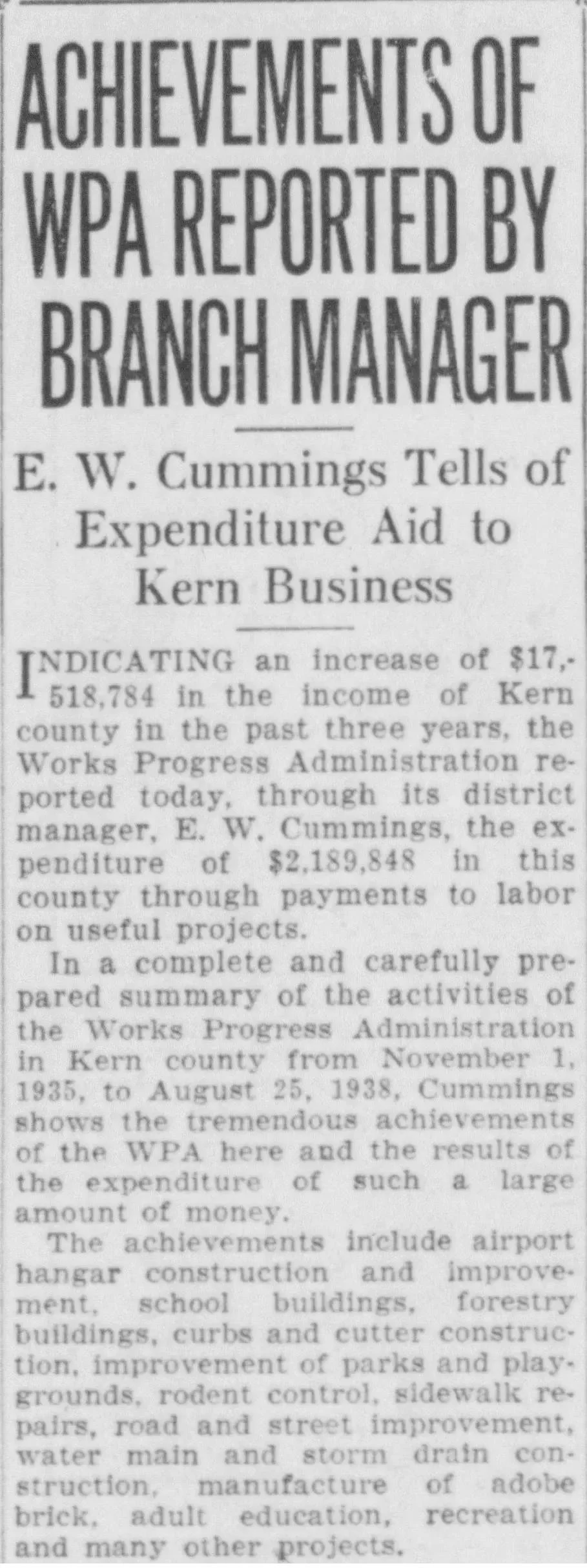 1938 newspaper article reporting WPA projects including school construction, road improvements, and public works during the Great Depression
