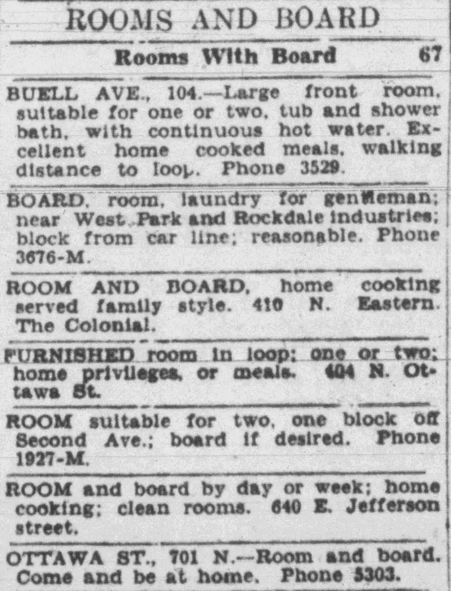 1930 newspaper classified ads listing room and board prices and housing options during the Great Depression