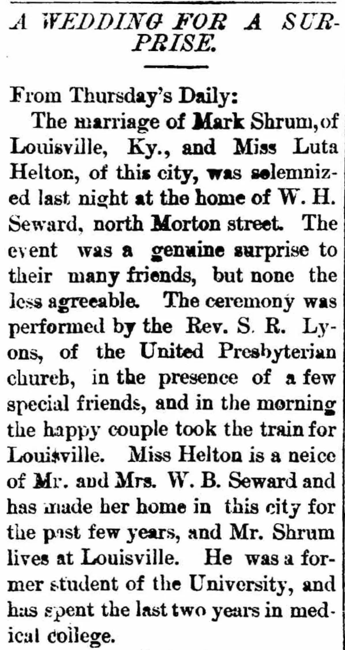 1893 Bloomington Telephone newspaper clipping titled “A Wedding for a Surprise,” describing the sudden marriage of Mark Shrum of Louisville, Kentucky, and Miss Luta Helton in Bloomington, Indiana, performed at a private home with only a few friends present after a surprise late-night arrangement.
