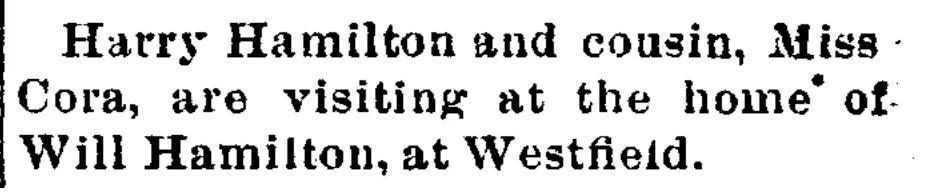 Historical newspaper society column showing family visit between Harry Hamilton, cousin Cora, and Will Hamilton in Westfield, 1894