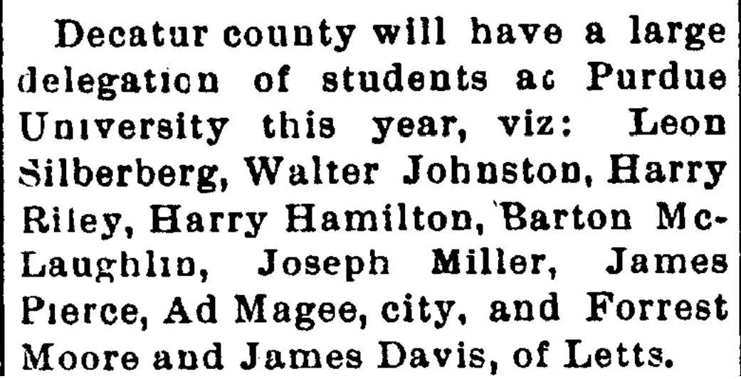 Newspaper clipping listing Decatur County students attending Purdue University, including Harry Hamilton, 1899