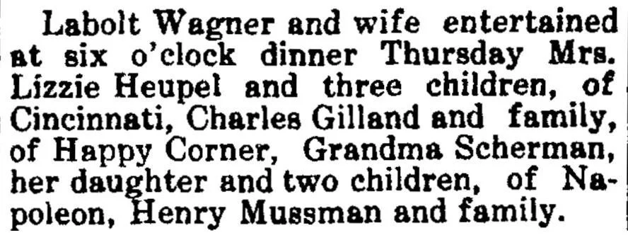 Society column clipping describing Labolt Wagner and wife hosting a dinner with visiting family members from multiple towns, 1916