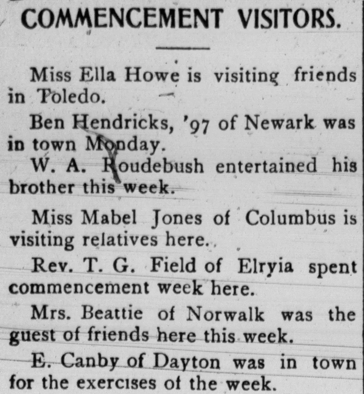 1900 Ohio newspaper clipping listing visitors and social news mentions from multiple towns