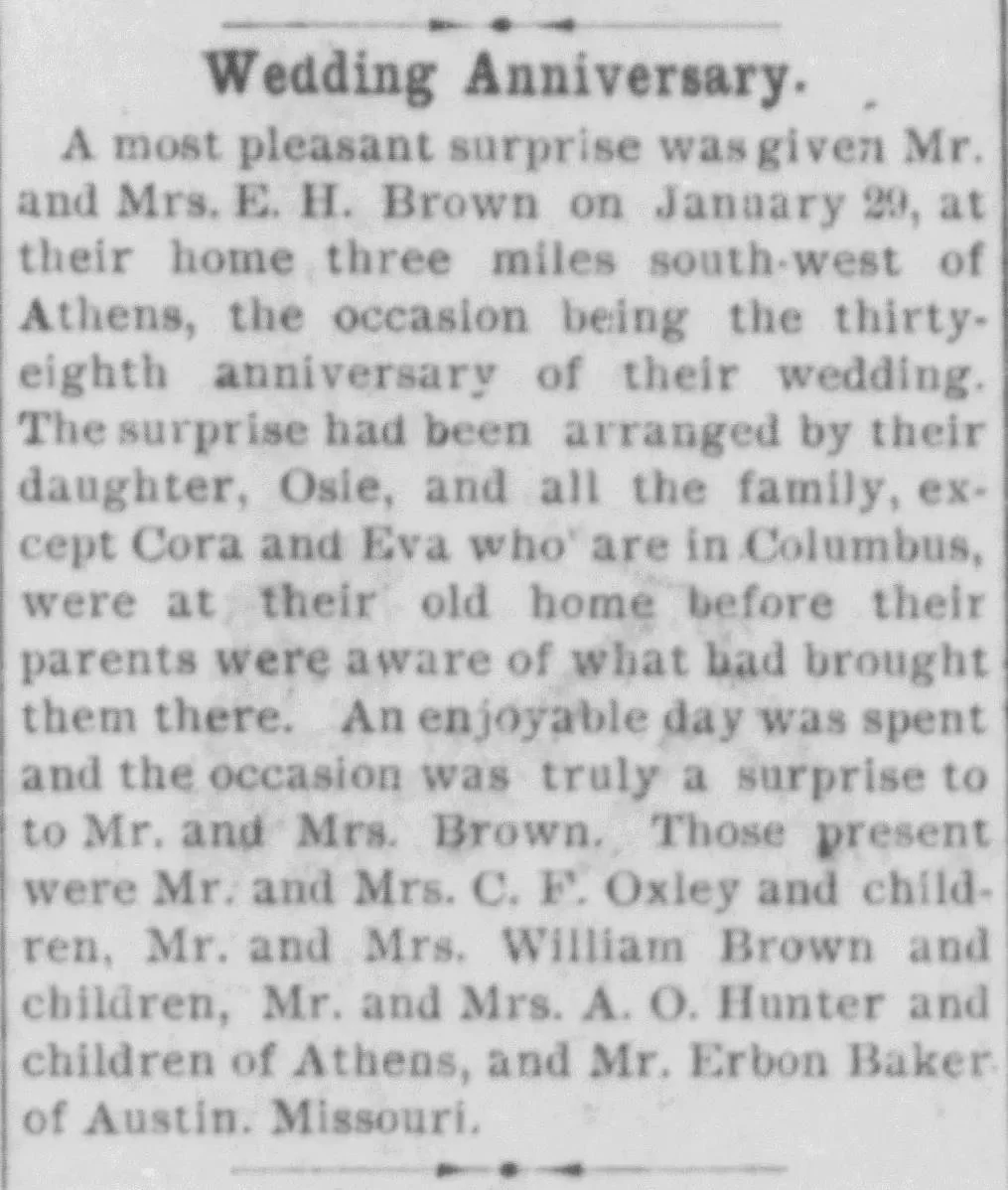 Ohio newspaper clipping featuring wedding anniversary notice with family names and relationships