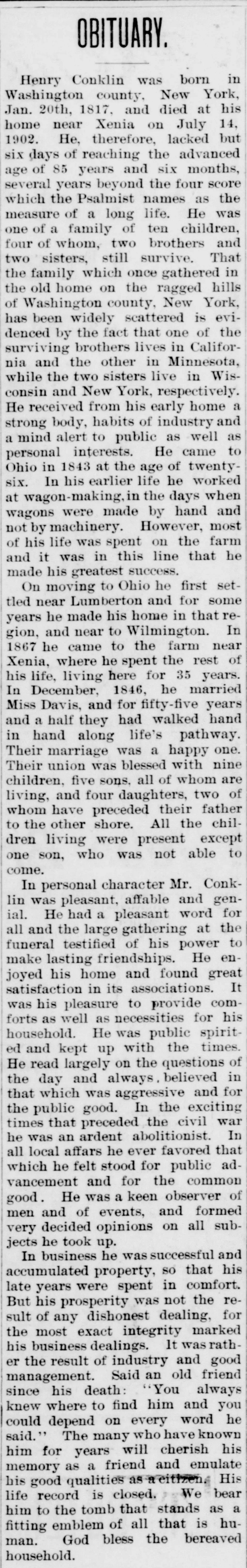 1902 Ohio newspaper obituary for Henry Conklin of Xenia detailing life, family, and migration history
