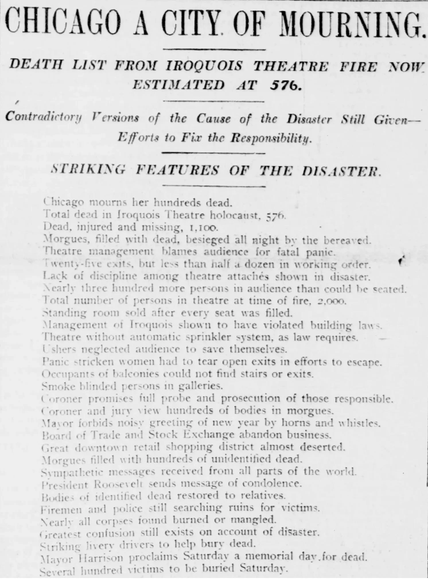 New York Tribune January 1, 1904 headline about the Iroquois Theater fire in Chicago, detailing death toll, safety failures, and aftermath of the tragedy.