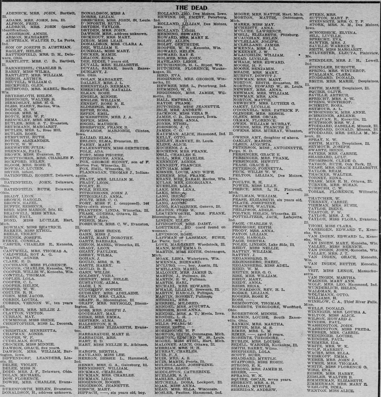 The Saint Paul Globe January 1, 1904 page listing victims of the Iroquois Theater fire in Chicago, including names of those killed in the tragedy.