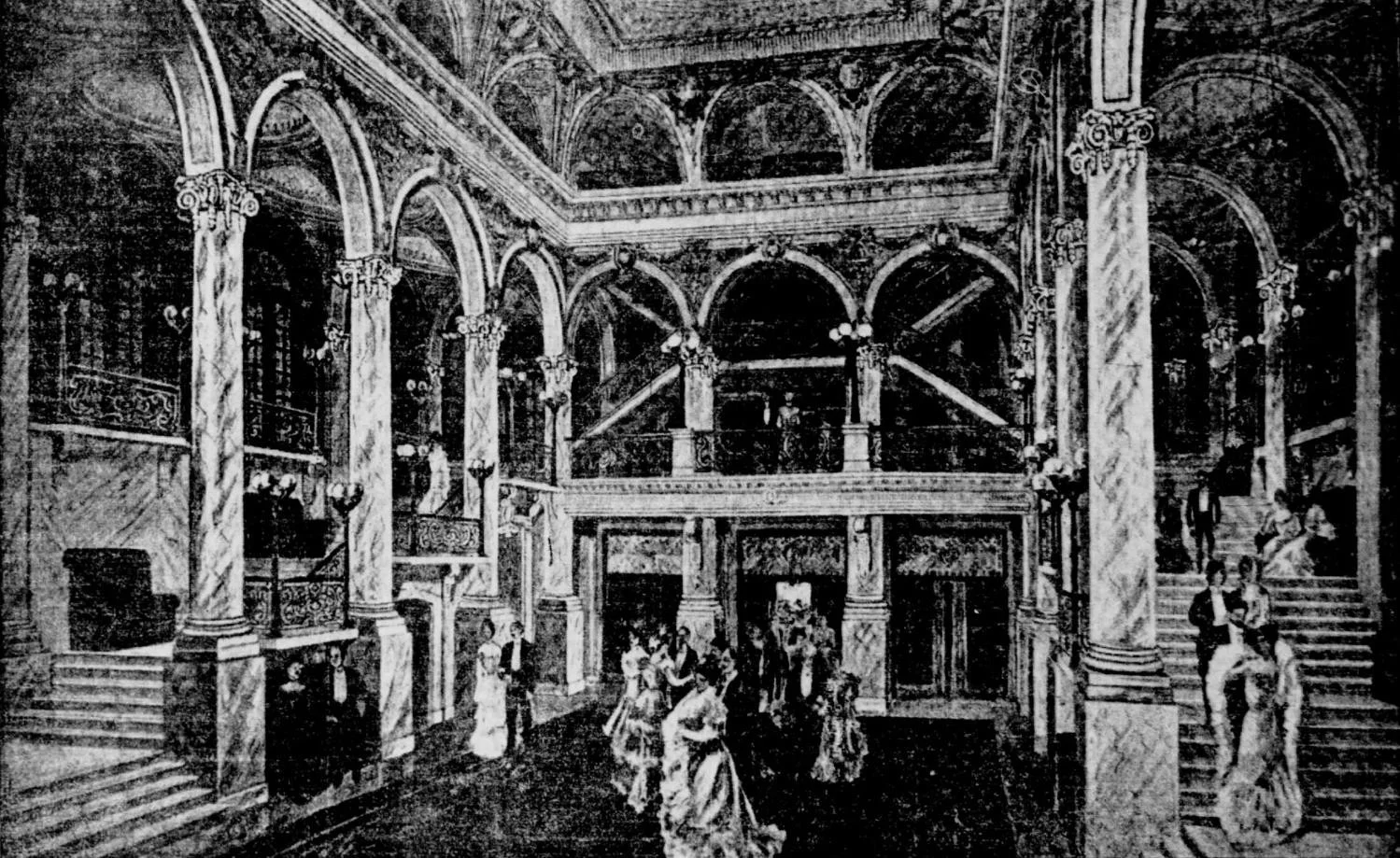 Illustration of the interior of the Iroquois Theatre in Chicago before the 1903 fire, showing balconies, staircases, and audience spaces.