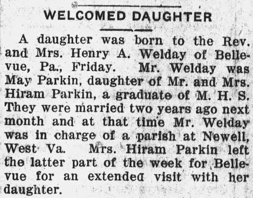 Old newspaper birth announcement for Rev. and Mrs. Henry A. Welday of Bellevue Pennsylvania welcoming a daughter, with family details.