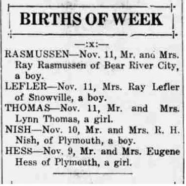 Newspaper column titled “Births of Week” listing multiple families and newborns in Bear River City, Snowville, and Plymouth.