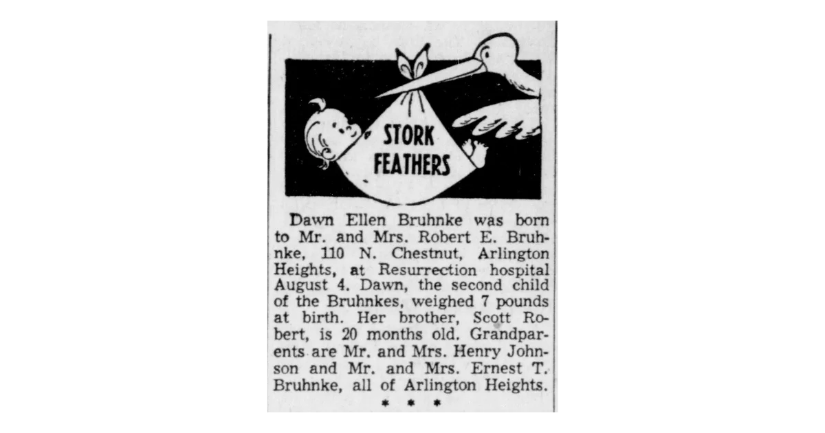 1950s newspaper “Stork Feathers” column featuring a birth announcement for Dawn Ellen Bruhnke with family and Arlington Heights details.