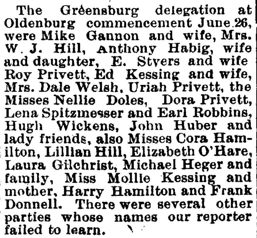 1901 newspaper clipping listing Greensburg residents attending a commencement event, including families and social connections