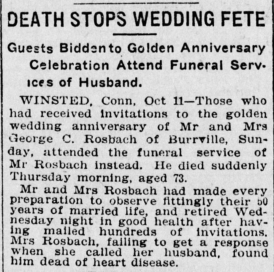 1904 newspaper article reporting a man’s sudden death before his golden anniversary celebration, with funeral held instead