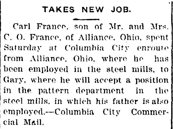 Newspaper clipping showing job change, family connection, and relocation details not found in census records